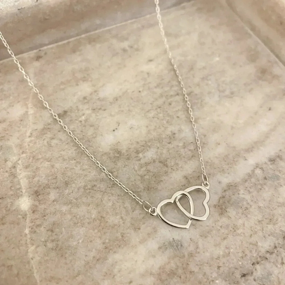 925 Sterling Silver Double Heart Linked Necklace Interlocking Hearts Necklace - Picture 1 of 15